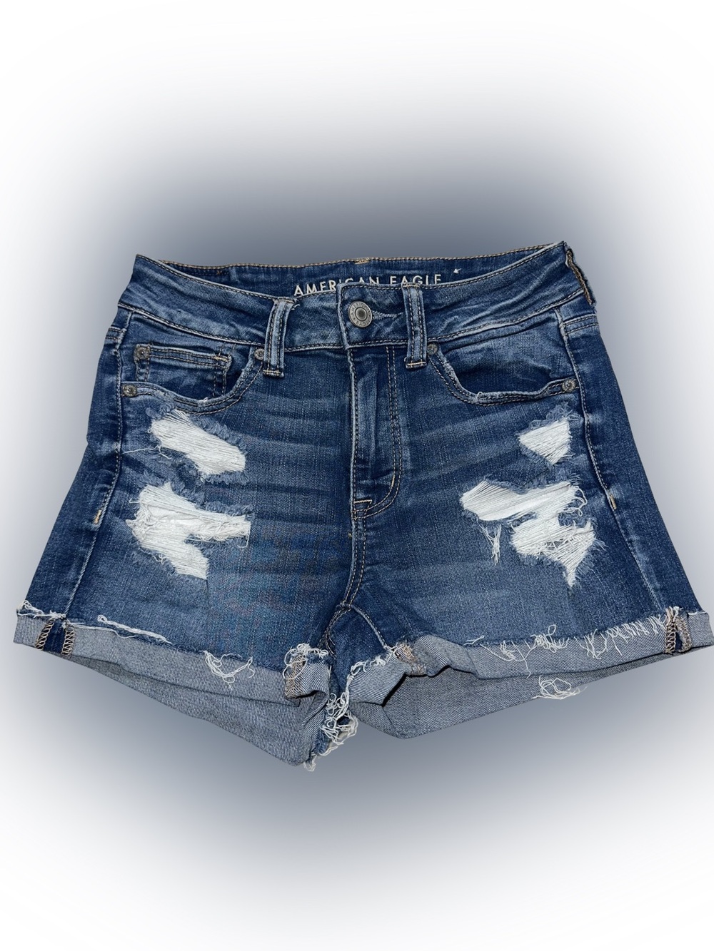 American Eagle Next Level Stretch Denim Cut Off Shorts Distressed Medium Wash